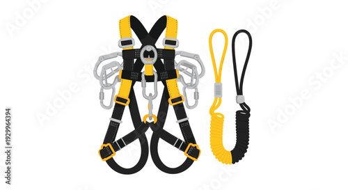 A black and yellow full body safety harness is positioned next to a matching shock absorbing lanyard on a plain white background.