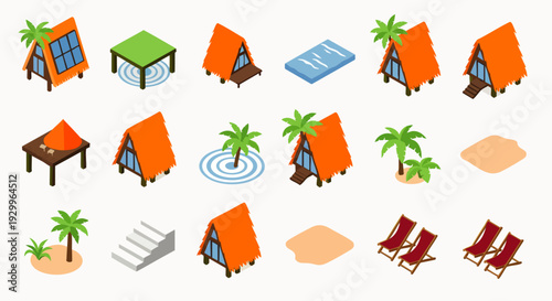 Isometric tropical resort elements for game design, vacation planning, travel concepts. Includes A-frame bungalows, palm trees, beach chairs, pool, and sand.