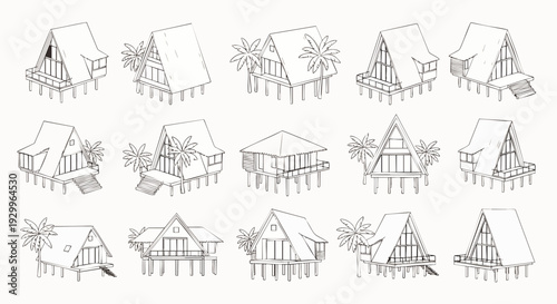 Detailed hand-drawn collection of tropical overwater bungalow and stilt house designs, perfect for resort architecture concepts, vacation planning, and travel themes.