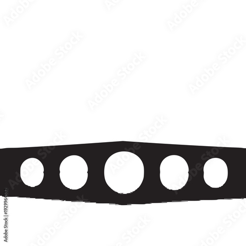 Black film strip with five white circular frames in minimalist style with high contrast lighting for film and photography