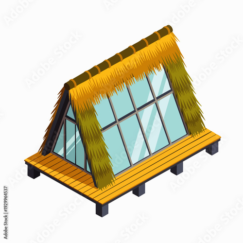 Isometric vector illustration of a modern A-frame cabin with a thatched roof and large glass windows, perfect for tropical resorts or eco-friendly getaways.