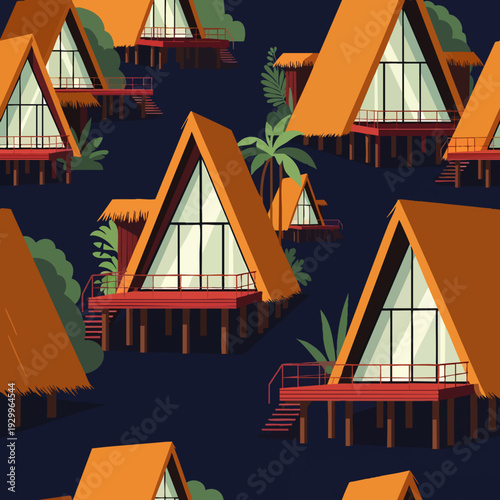 Seamless pattern featuring vibrant A-frame bungalows on stilts amidst lush tropical foliage, perfect for exotic vacation and resort themes.