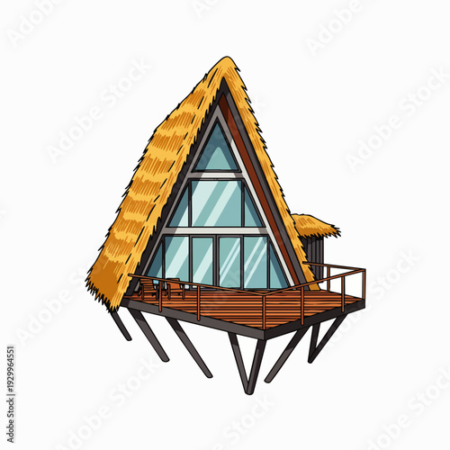 Tropical A-frame bungalow with thatched roof and large glass windows, elevated on stilts, modern resort vacation accommodation illustration.