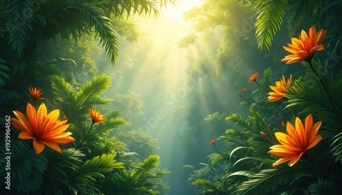 Sunlight streams through dense jungle canopy illuminating vibrant orange flowers and lush green foliage. Peaceful nature scene with exotic plants and bright leaves offers serene atmosphere.