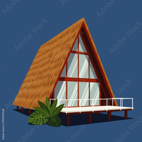 Charming A-frame house illustration with a thatched roof, large glass windows, and a spacious deck. Ideal for tropical resorts, beach vacations, or island getaways.