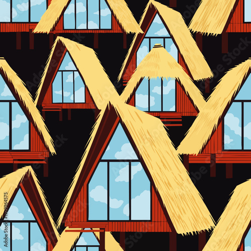 Seamless pattern of modern A-frame cabins with thatched roofs, featuring large windows reflecting a cloudy sky, ideal for vacation and nature retreats.