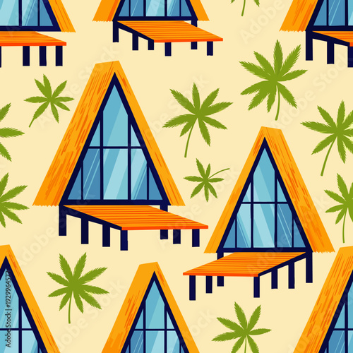Seamless pattern with retro A-frame houses and tropical palm leaves on a light background, perfect for summer vacation and travel designs.