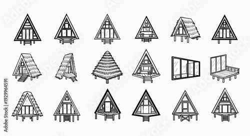 Isometric A-frame house designs collection, featuring diverse architectural styles and construction details in black and white line art.