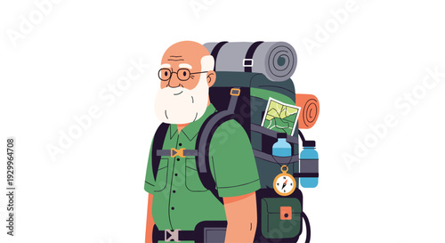 A senior man with a white beard and glasses wearing a green shirt carries a large hiking backpack against a white background.