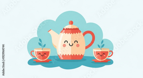 Smiling teapot with two tea cups on saucers steaming hot on a cloud