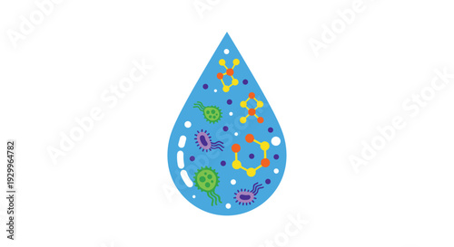A large blue water droplet contains various colorful microscopic organisms and molecular structures on a white background.