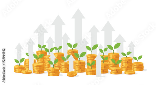Multiple stacks of gold coins with green sprouts growing from the top are arranged in front of several white upward pointing arrows on a plain background.