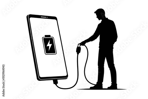 Vector silhouette of man charging smartphone