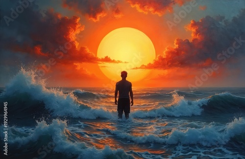 Man stands in rough ocean waves facing huge sun setting in fiery sky. Dramatic seascape with person and powerful sea at dusk. Natural light and mood.