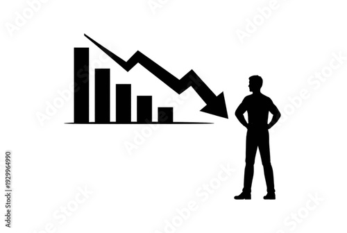 Vector silhouette of man standing in front of declining business graph
