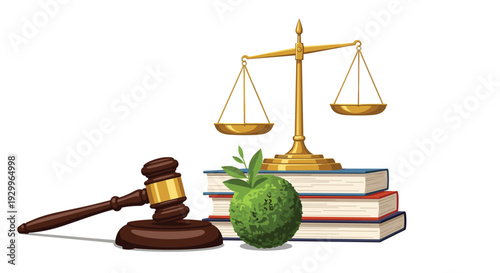 A wooden judge gavel and sound block sit beside a stack of three legal books with a golden balance scale resting on the top cover.