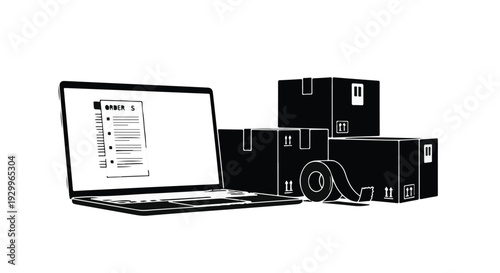 delivery packages and laptop with shipping details on screen