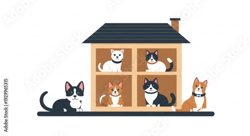 Seven cats in a house with a black roof and chimney outdoors
