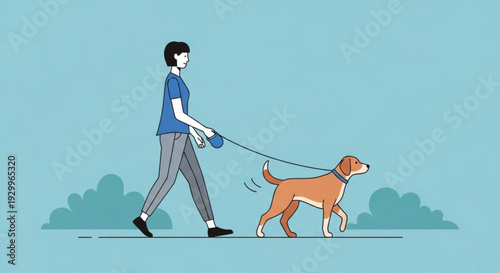 Woman walking dog on leash outdoors in blue shirt and grey pants