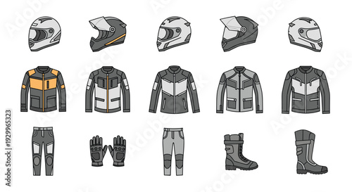 Fifteen pieces of motorcycle safety equipment including various styles of full face helmets riding jackets protective pants gloves and tall boots are arranged.