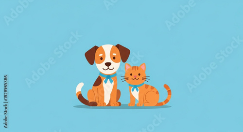 Friendly dog and cat sitting together with blue bowties on cyan background