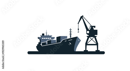 Illustration of a cargo ship docked at a port with a crane loading containers