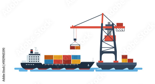 Container ship being loaded by a crane at a harbor with cargo and a floating dock representing international trade and logistics