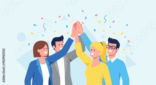 Successful business team celebrating achievement with high five and confetti amidst a dynamic collaboration scene, showcasing joyful group victory