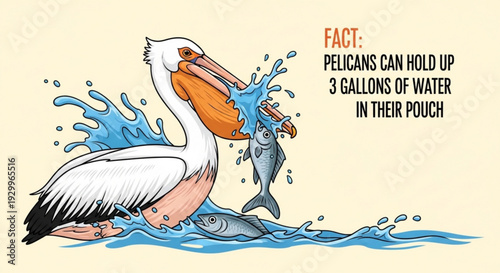 Pelican catching fish with large water splash fun fact about pelican's pouch