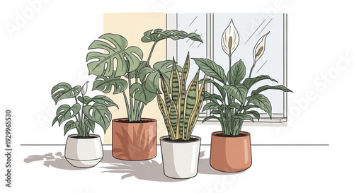 Four diverse houseplants in pots on a windowsill indoors with natural light