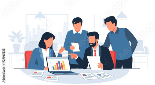 Professionals collaborating in a business meeting, analyzing financial data and discussing growth strategy for successful project development