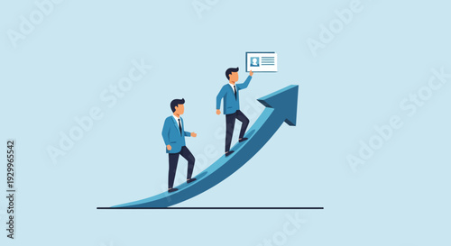 Ambitious business professionals climbing a graphic upward arrow, illustrating the concept of career development, achieving success, and continuous personal and professional growth