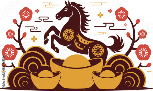 Illustration of a horse jumping over gold coins and bowls with cherry blossoms