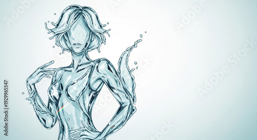 Woman with flowing water body posing confidently on white background with blue tones