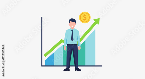 Business Growth Concept A Man Standing in Front of a Financial Graph with Upward Trend and Coin Symbol