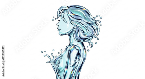 Woman emerging from water with flowing hair and serene expression in a surreal aquatic scene