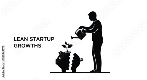 man watering plant growing from piggy bank lean startup growth