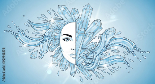 Crystal face with ice and water on a blue background symbolizing serenity and calmness with a touch of nature and purity