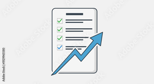 Conceptual illustration of a task checklist document with successful completions and an upward trending arrow, symbolizing project progress, strategic growth, and achievement