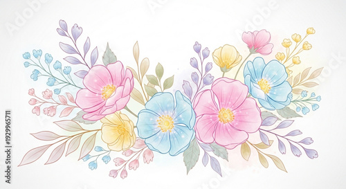Pastel floral arrangement with pink blue and yellow flowers on white background