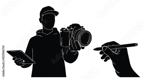 photographer taking pictures with camera and smartphone