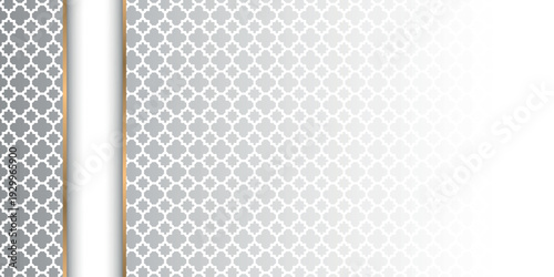 Gray and white gradient abstract background with simple modern Arabic ornamental pattern decoration. Minimalist Islamic concept design with luxurious and elegant vertical gold line decoration. EPS. 3