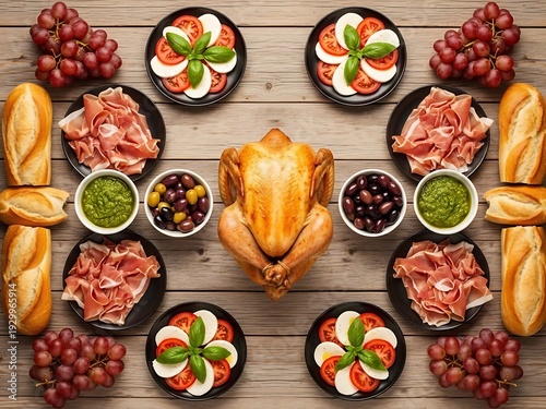 Festive Thanksgiving turkey centerpiece with gourmet appetizers served
