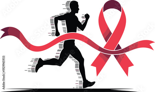 Silhouette of a runner with a pink ribbon on a symbolizing breast cancer awareness and fitness