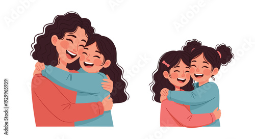 Two illustrations of a mother and daughter and two sisters with dark wavy hair wearing sweaters on a white background.