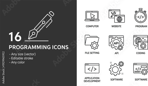 Vector line icons for professional programming software development API integration website coding application management and computer engineering