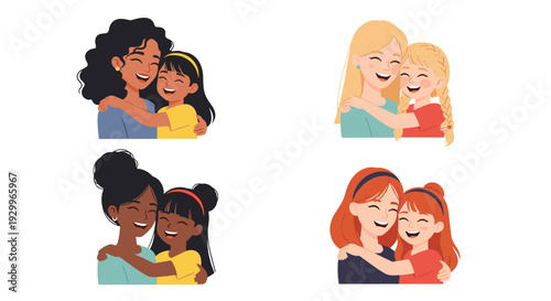 Four diverse digital illustrations of mothers and daughters of different ethnicities sharing embraces on a white backdrop.