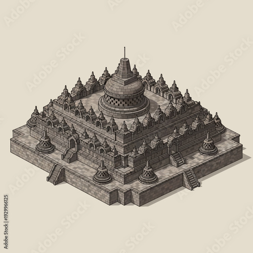 Ancient Borobudur Buddhist Temple Monument Isometric Illustration.