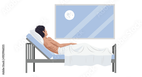 A thin man with black hair lies in a hospital bed looking through a window at a full moon in a dark blue night sky.