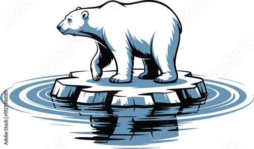 A polar bear standing on a melting ice floe in the ocean water